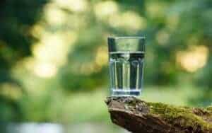szklanka wody na tle zieleni