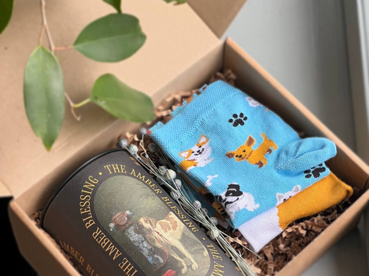 Na zdjęciu jest prezent dla psiarzy "Pieskie życie" z herbatą i kolorowymi skarpetkami